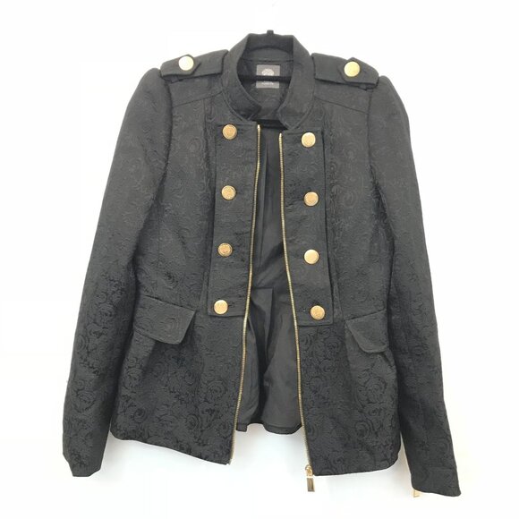 Black Jacquard Military Style Jacket Gold Button Zipper Vince Camuto Size M - Picture 2 of 13